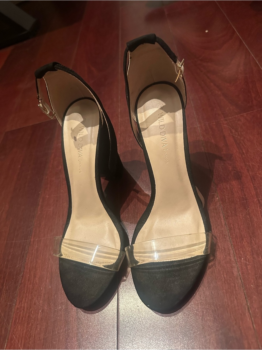 Wild Diva Black Suede Block Heel Sandals with Clear Toe Strap